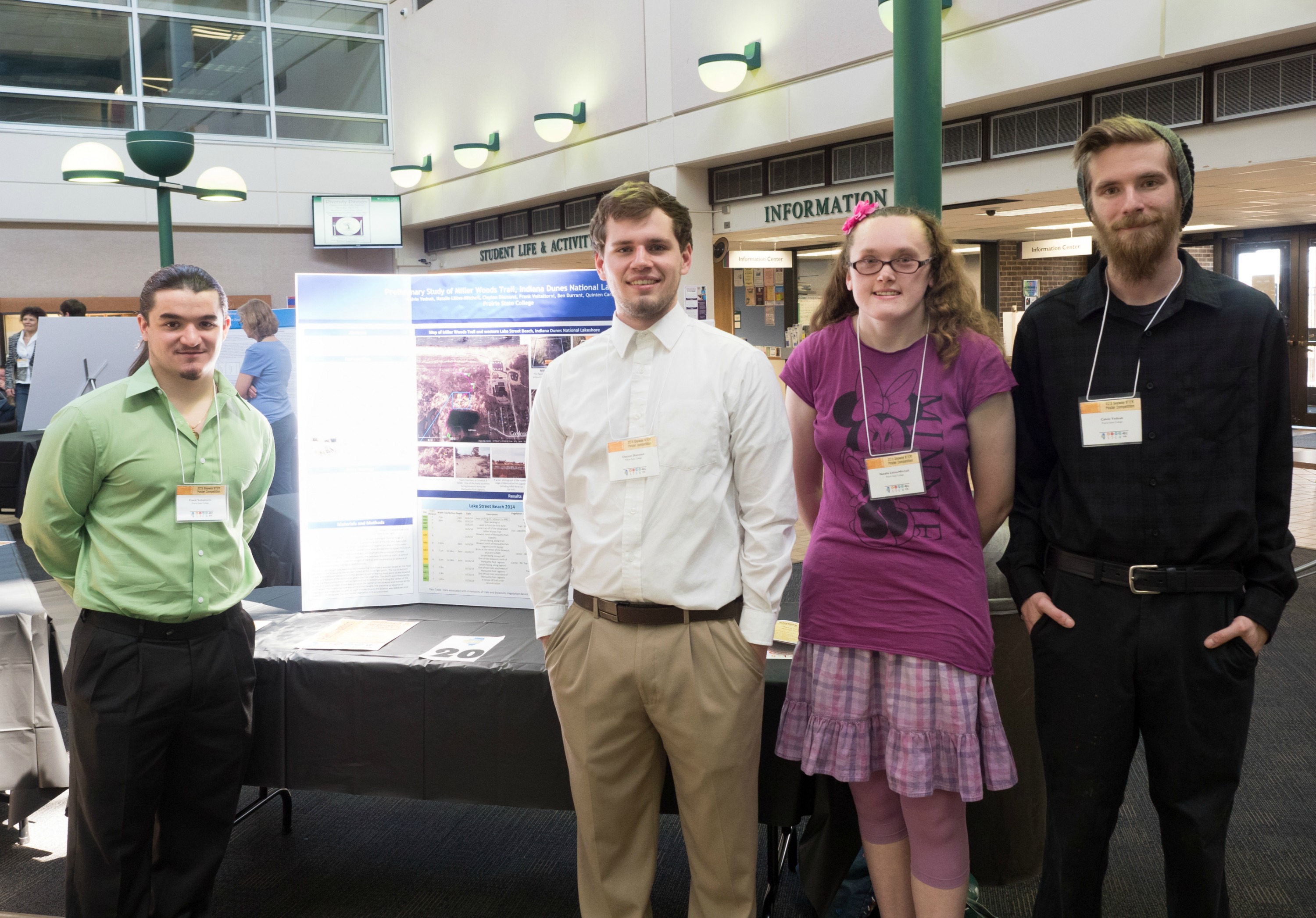 Prairie State College earth science students (from left) Frank Voltattorni, Clayton Diamond, Natalie Littva-Mitchell and Calvin Yednak presented their findings from a study of Miller Woods Trail on the Indiana Dunes National Lakeshore during the 2015 Skyway STEM Poster Competition. 