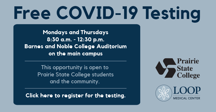 Free COVID-19 Testing in Monday and Thursdays from 8:30 a.m. until 12:30 p.m. in the Barnes and Noble College Audtorium on the main campus.