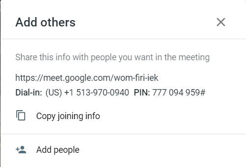 Google Meet screenshot of adding users to meetings via dial in